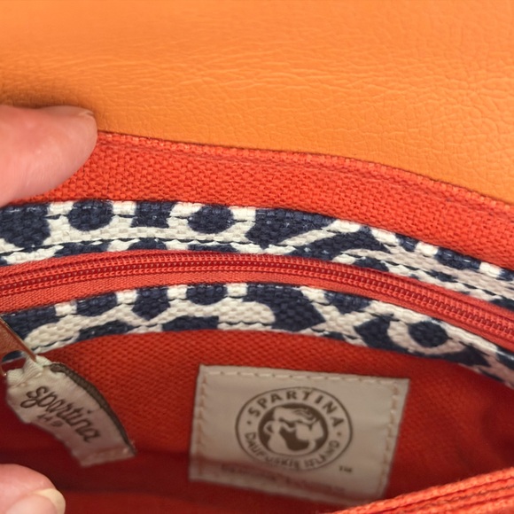Spartina 449 Orange and Blue Women's Clutch Bag. Linen and Leather. 11” x 5”. - Picture 7 of 9